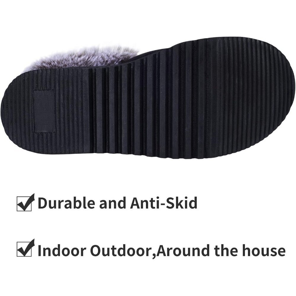 Women's Fuzzy Cozy Faux Fur Memory Foam  Rubber Sole Slippers Boots Black Shoes - Picture 5 of 6